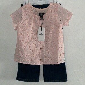 7 For All Mankind 2 pc.Girl Jeans and Pink lined eyelet button front top 4T NWT